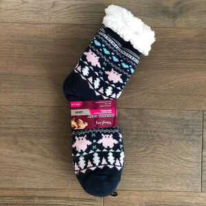 Hongling Thermal Fleece Lined Slipper Socks w Silicone Grip Dots Blu Wht Pnk NWT